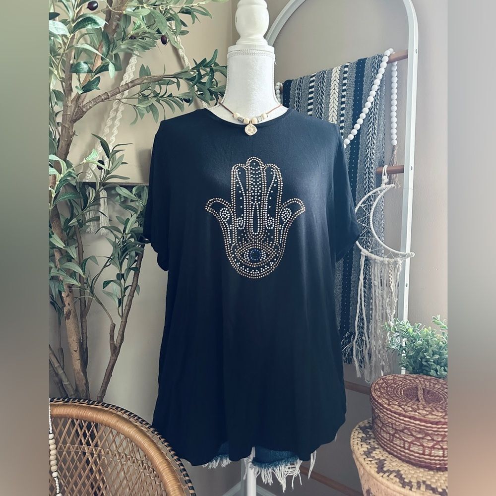 BRIT.NY Black Hamsa Evil Eye Boho Rhinestone Embellished T Shirt
